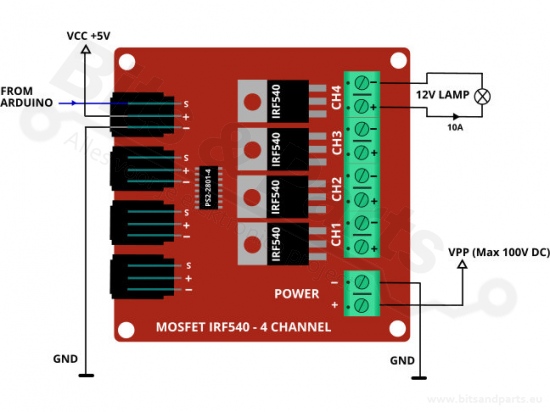 Transistor N-MOSFET IRF540 4-way board
